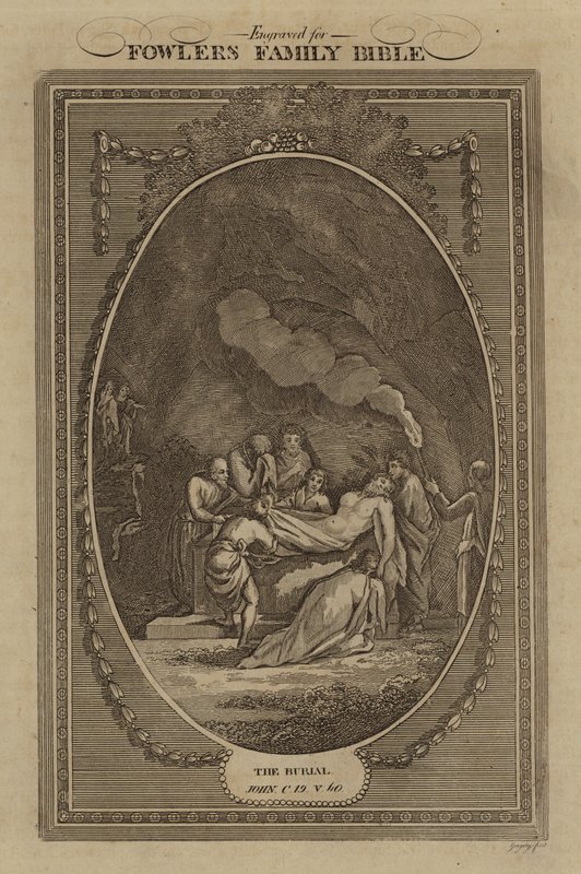 Begravelsen, Johannes, kapitel 19, vers 40 (gravering) af English School