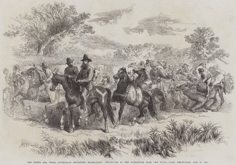 The Burke and Wills Australian Exploring Expedition, Ekspeditionens afgang fra Royal Park, Melbourne, 20. august 1860 (gravering) af English School