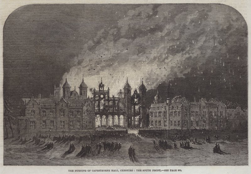 Afbrændingen af Capesthorne Hall, Cheshire, Sydfronten (gravering) af English School