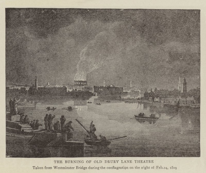 The Burning of Old Drury Lane Theatre (gravering) af English School