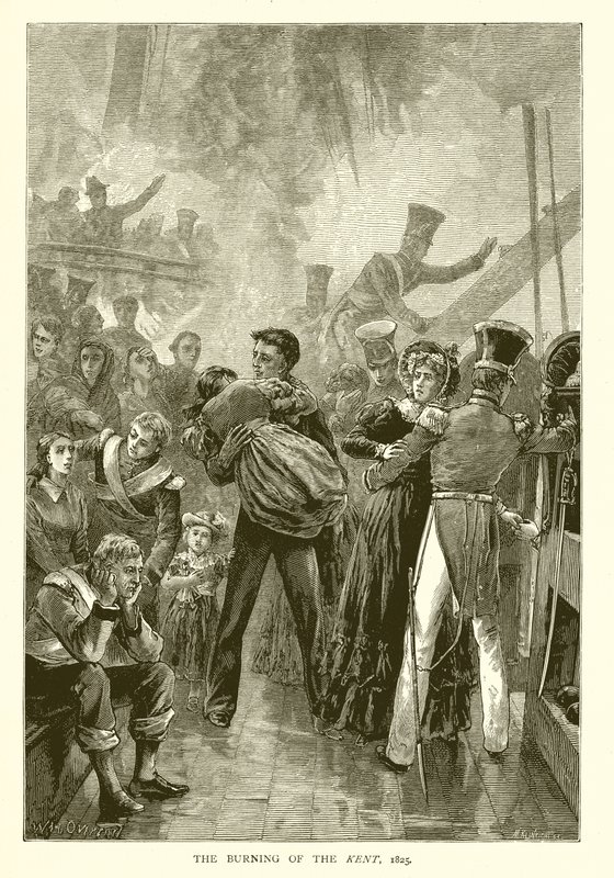 The Burning of the Kent, 1825 af English School