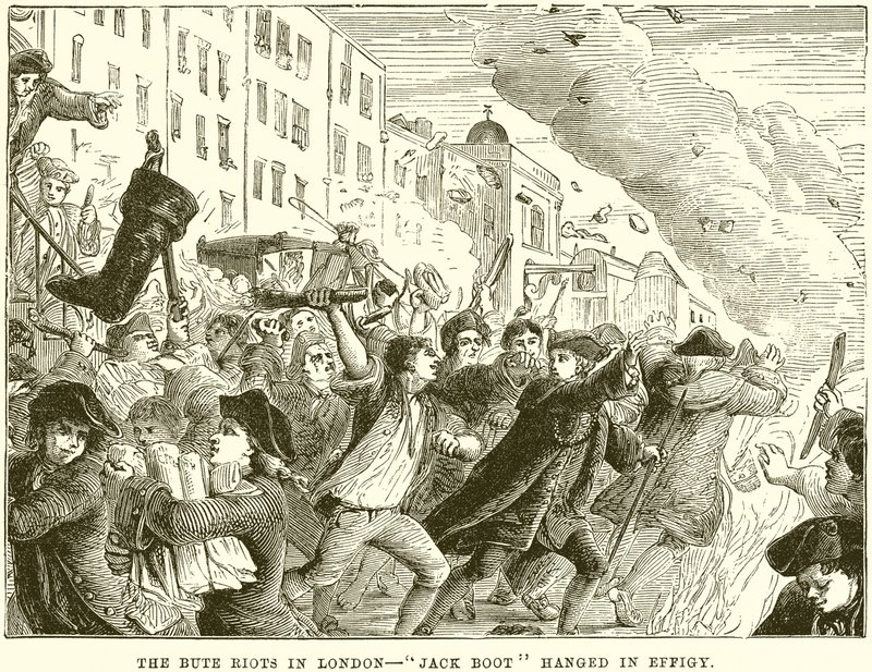Bute Riots i London - Jack Boot hængt i Effigy af English School