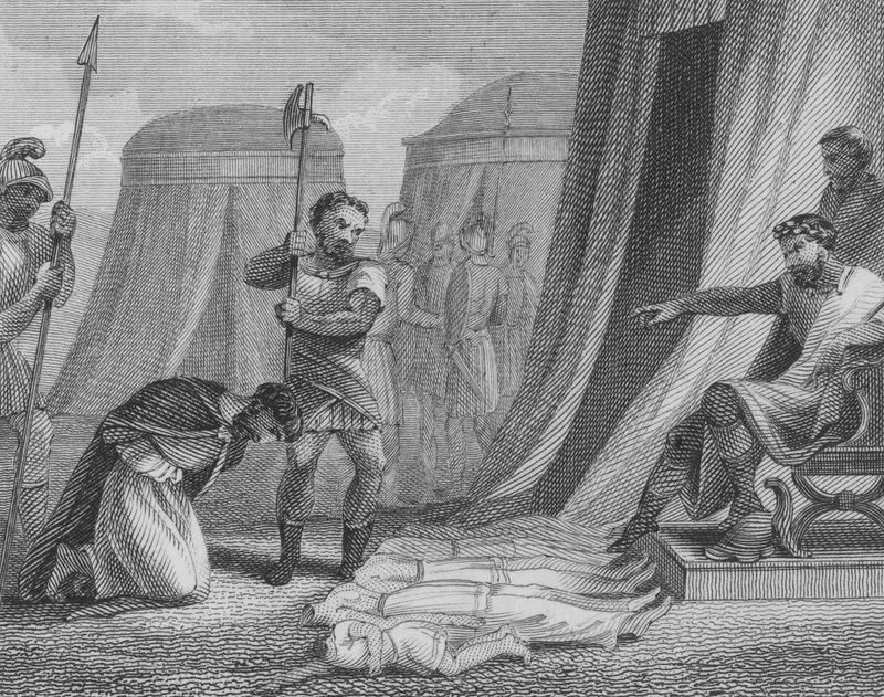 The Byzantine Emperor Maurice about to be executed by the usurper Phocas, having seen his five children killed in front of him, 602dani af English School