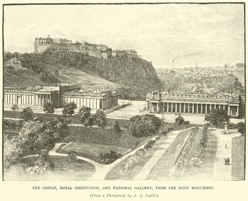 Slottet, Royal Institution og National Gallery, fra Scott Monument af English School