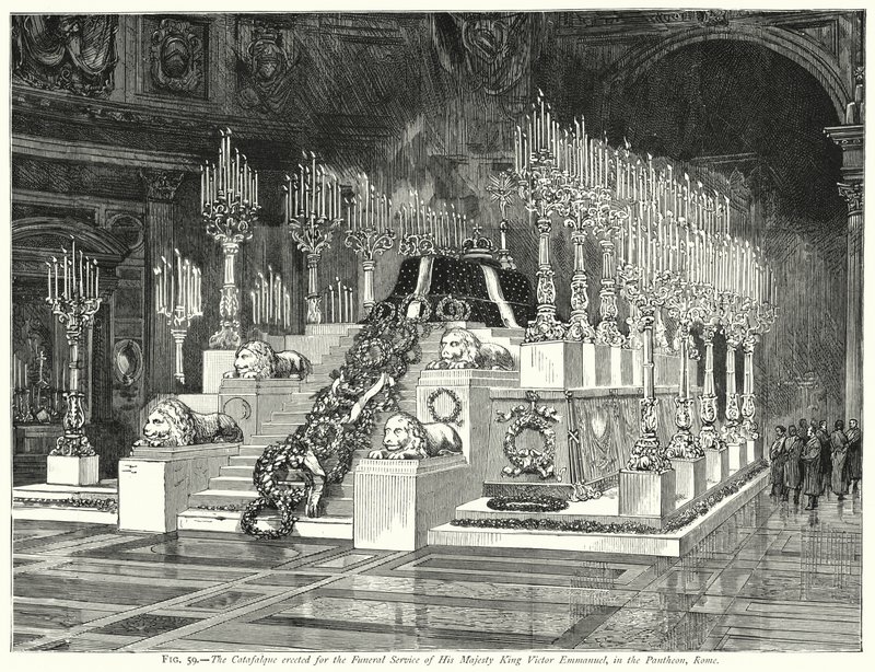 Katafalket opført til begravelsen af Hans Majestæt Kong Victor Emmanuel i Pantheon, Rom (gravering) af English School