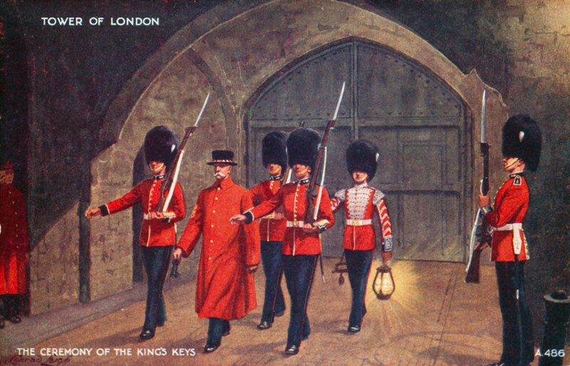 Ceremonien for kongens nøgler, Tower of London (farvelitografi) af English School