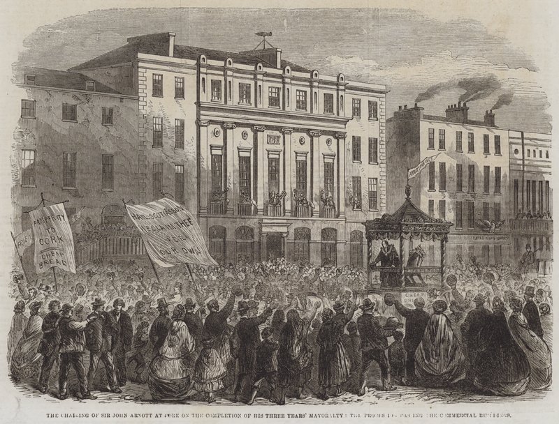 Formandskabet for Sir John Arnott i Cork efter afslutningen af hans tre års borgmesterskab, processionen forbi de kommercielle bygninger (gravering) af English School