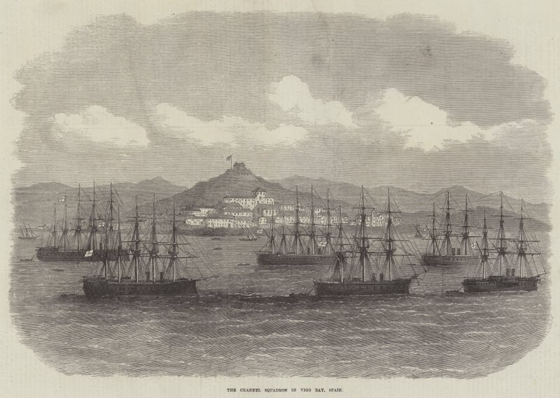 Channel Squadron i Vigo Bay, Spanien (gravering) af English School