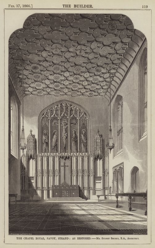 The Chapel Royal, Savoy, Strand, som restaureret, Mr Sydney Smirke, RA, arkitekt (gravering) af English School