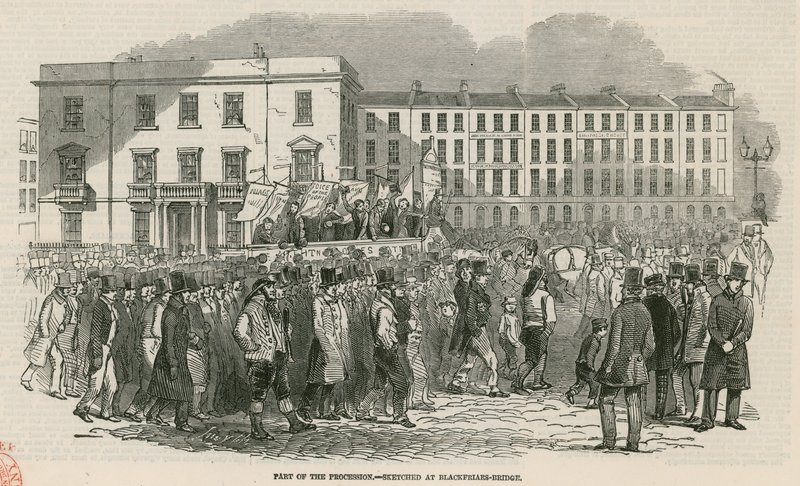 Chartistmødet på Kennington Common i 1848, en del af processionen - skitseret ved Blackfriars Bridge af English School