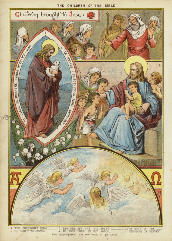 Bibelens børn: Børn bragt til Jesus (chromolitho) af English School