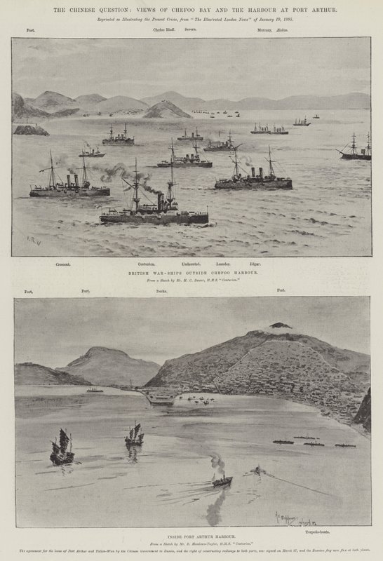 Det kinesiske spørgsmål, udsigt over Chefoo-bugten og havnen i Port Arthur (litho) af English School