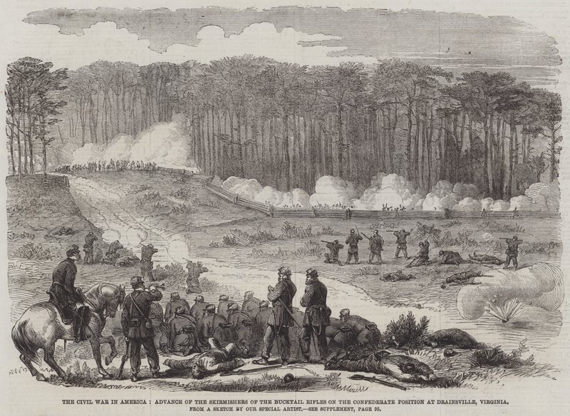 Borgerkrigen i Amerika, fremrykning af bucktailriflernes træfninger på den konfødererede position i Drainsville, Virginia (gravering) af English School