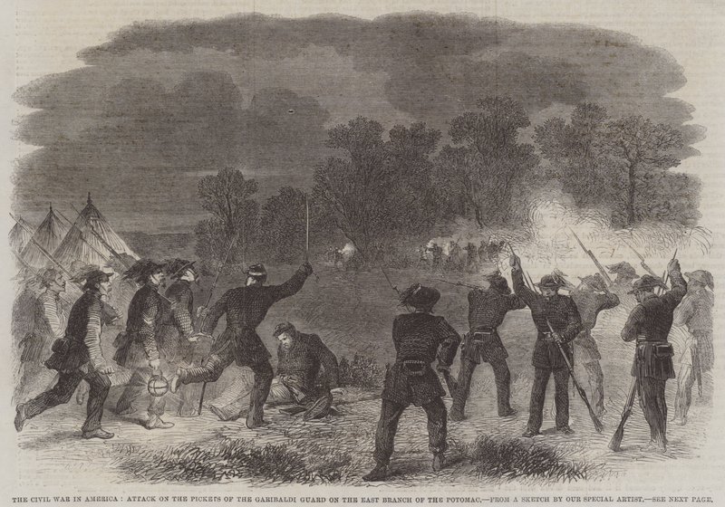 Borgerkrigen i Amerika, angreb på garibaldi-vagtens strejker på den østlige gren af Potomac (gravering) af English School