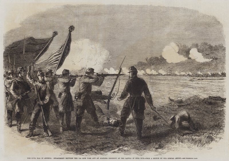 Borgerkrigen i Amerika, forlovelse mellem det 71. New York og et Alabama-regiment i slaget ved Bull Run (gravering) af English School