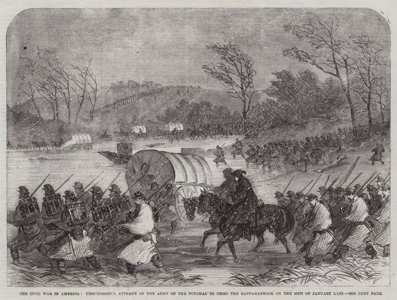 Borgerkrigen i Amerika, mislykket forsøg fra Army of the Potomac på at krydse Rappahannock den 20. januar sidste (gravering) af English School