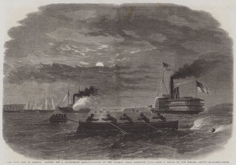 Borgerkrigen i Amerika, afskære et konfødereret forsendelsesgalleri på Potomac nær Freestone Point (gravering) af English School