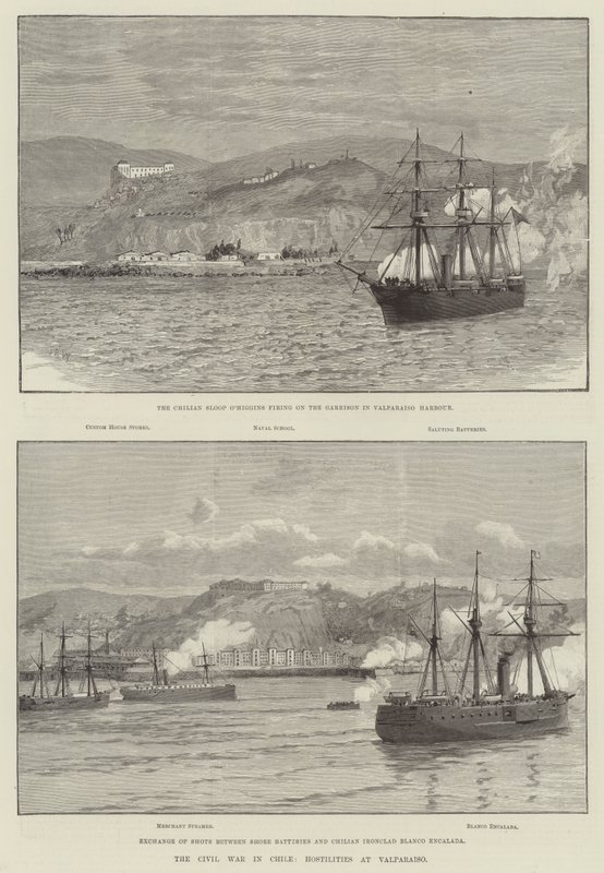 Borgerkrigen i Chile, fjendtligheder ved Valparaiso (gravering) af English School
