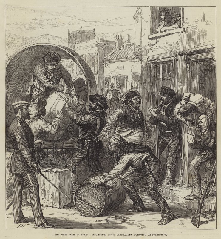 Borgerkrigen i Spanien, oprørere fra Carthagena fouragerer ved Torrevieja (gravering) af English School