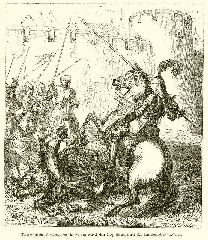 The Combat & Foutrance mellem Sir John Copeland og Sir Lancelot de Lorris af English School