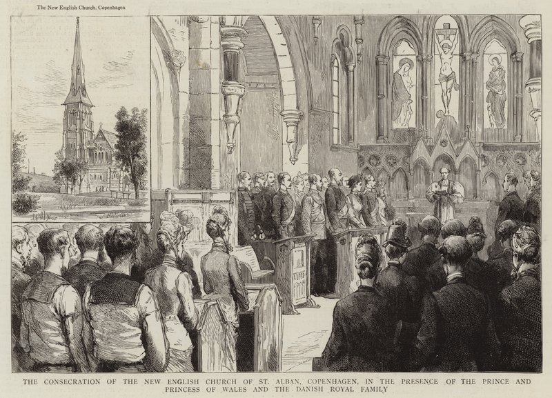 Indvielsen af den nye engelske kirke i St Alban, København, i nærværelse af prinsen og prinsessen af Wales og den danske kongefamilie (stik) af English School