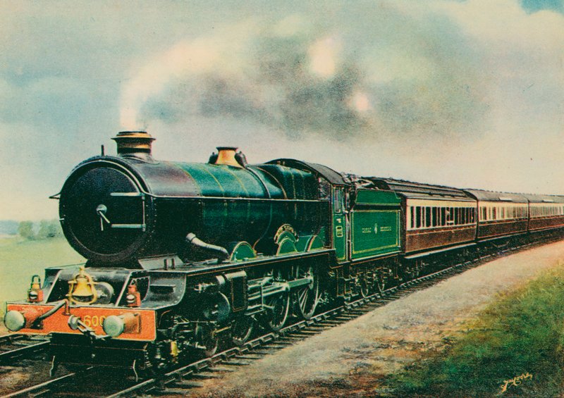 "Cornish Riviera Express," trukket af "King George V," Great Western Railway (farve litho) af English School