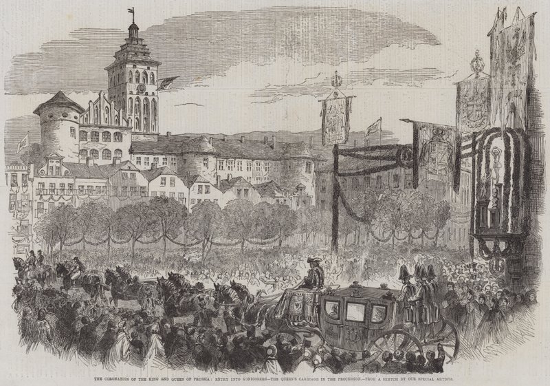 Kroningen af Kongen og Dronningen af Preussen, Indsejling i Konigsberg, Dronningens Vogn i Procession (gravering) af English School