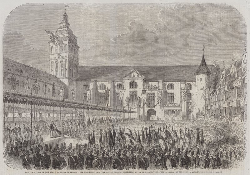 Kroningen af kongen og dronningen af Preussen, processionen fra Slotskirken, Königsberg, efter kroningen (stik) af English School