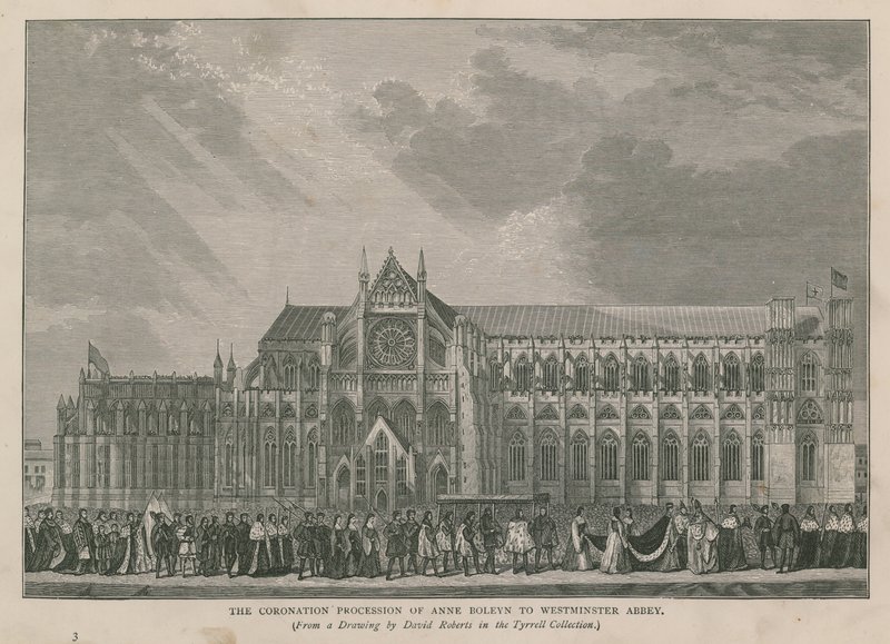 Anne Boleyns kroningsoptog til Westminster Abbey af English School