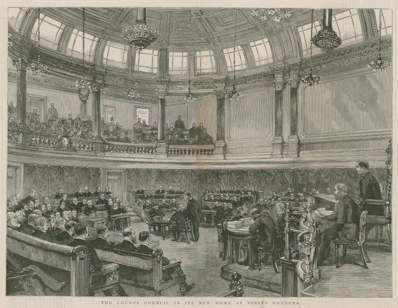 Amtsrådet i sit nye hjem i Spring Gardens, London af English School