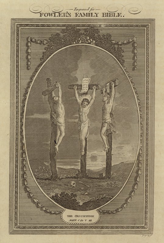 Korsfæstelsen, Johannes, kapitel 19, vers 18 (gravering) af English School