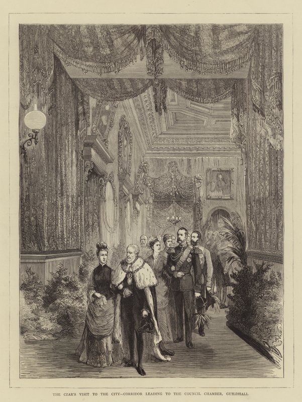 Czarens besøg i byen, korridor, der fører til rådssalen, Guildhall (gravering) af English School