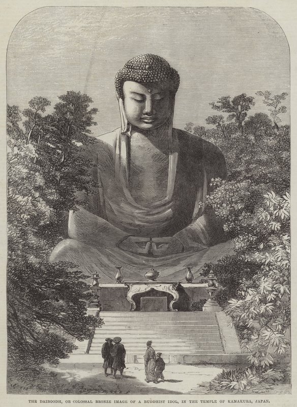 Daibodh, eller kolossalt bronzebillede af et buddhistisk idol, i templet i Kamakura, Japan (gravering) af English School