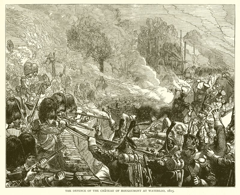 Forsvaret af slottet Hougoumont ved Waterloo, 1815 af English School