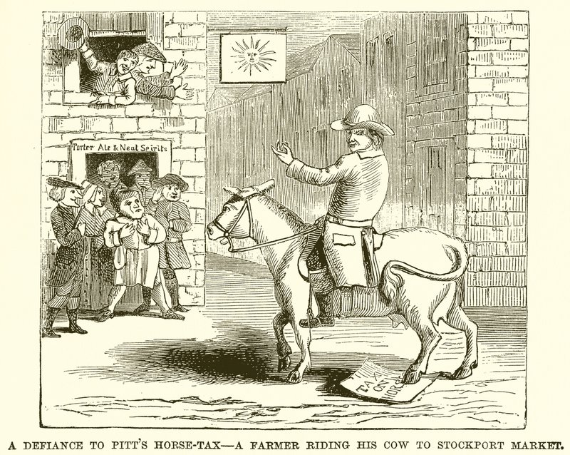 The Defiance to Pitts Horse-Tax - En landmand, der rider sin ko til Stockport Market af English School