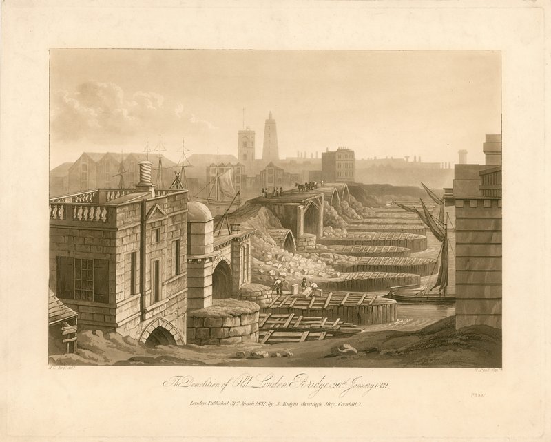 Nedrivningen af Old London Bridge, 26. januar 1832 af English School