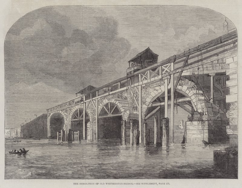 Nedrivningen af Old Westminster-Bridge (gravering) af English School