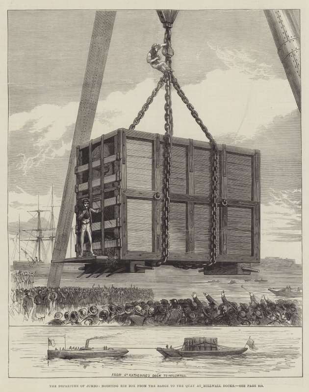 Jumbos afgang, hvor han hejser sin kasse fra prammen til kajen ved Millwall Docks (gravering) af English School