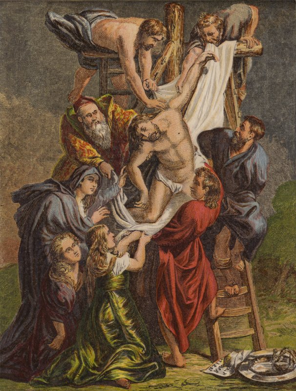 Nedstigningen fra korset (chromolitho) af English School