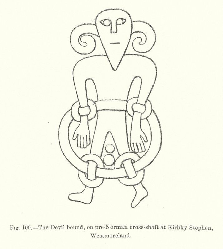 Djævelen bundet, på præ-normannisk krydsaksel ved Kirkby Stephen, Westmorland (gravering) af English School