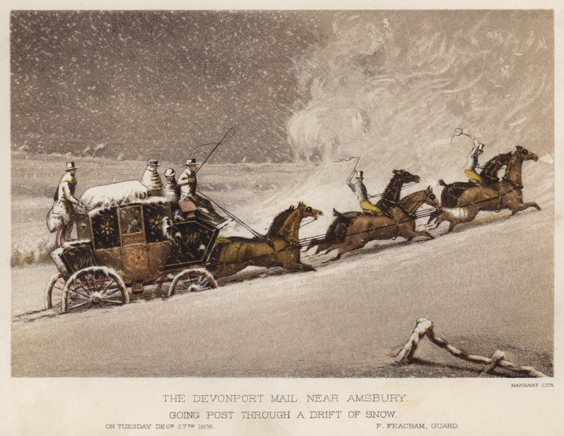 Devonport-posten, nær Amsbury, går post gennem en snedrift (farve litho) af English School
