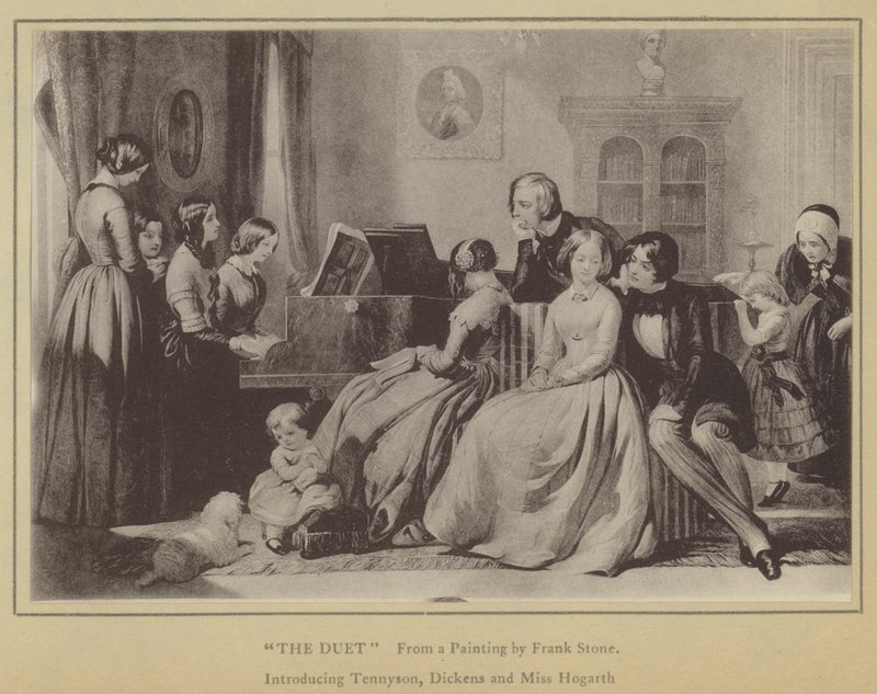Duetten, fra et maleri af Frank Stone, der introducerer Tennyson, Dickens og Miss Hogarth (litho) af English School