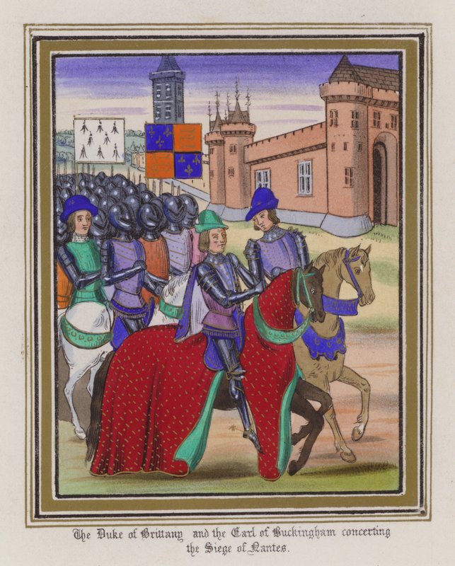 Hertugen af Bretagne og jarlen af Buckingham, der samordner The Siege Of Nantes (farvet gravering) af English School