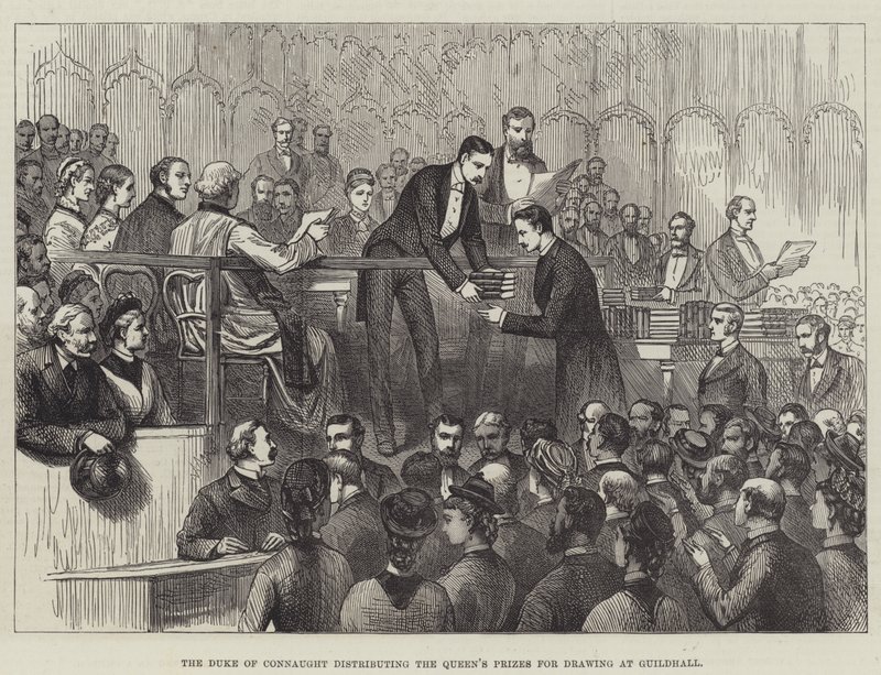 Hertugen af Connaught uddeler dronningens præmier for tegning i Guildhall (gravering) af English School