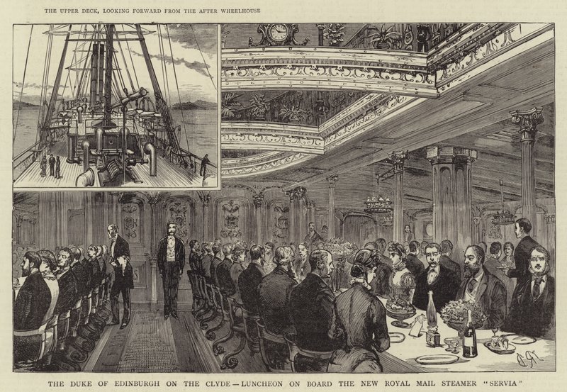Hertugen af Edinburgh på Clyde, frokost om bord på New Royal Mail Steamer "Servia" (gravering) af English School