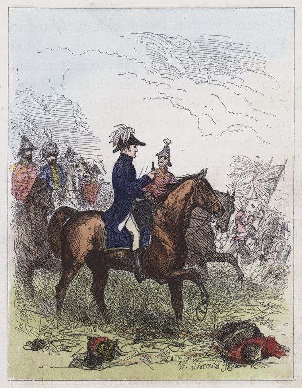 Hertugen af Wellington ved Waterloo (farvet gravering) af English School