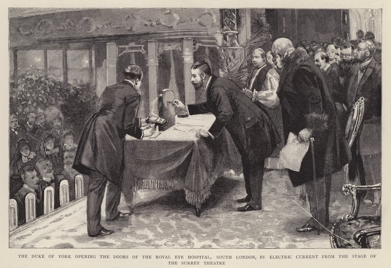 Hertugen af York åbner dørene til Royal Eye Hospital, South London, med elektrisk strøm fra scenen i Surrey Theatre af English School