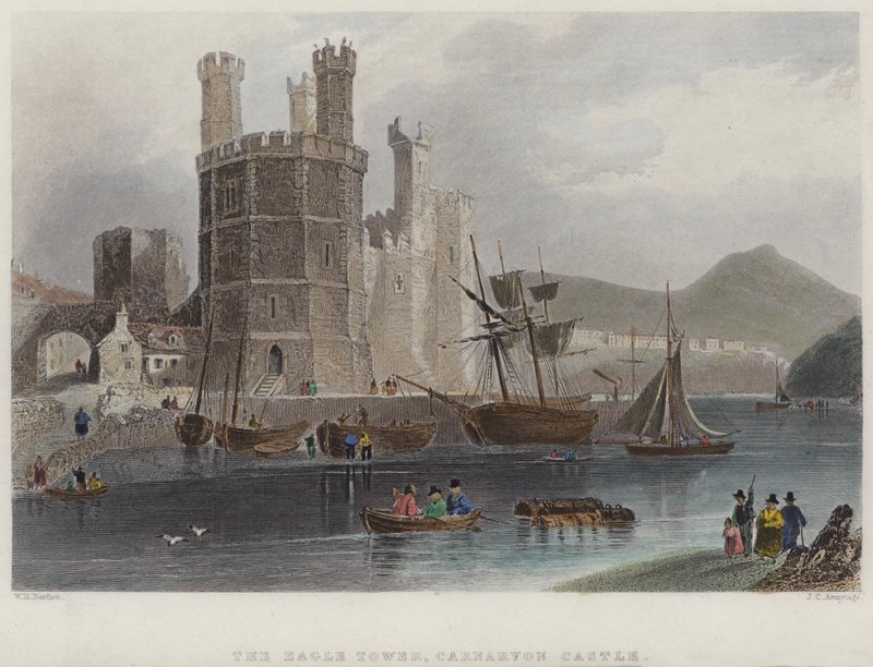The Eagle Tower, Carnarvon Castle (farvet gravering) af English School