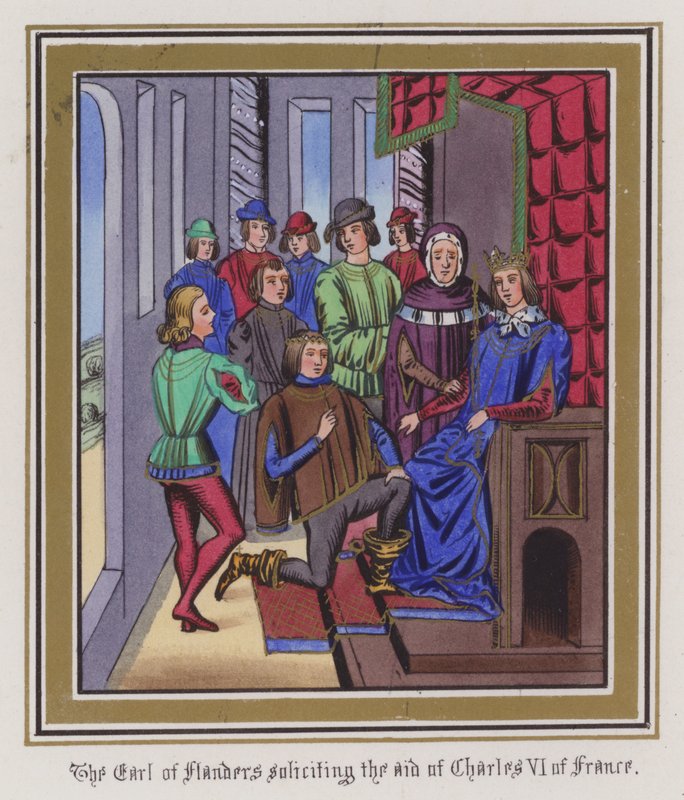 Jarlen af Flandern, der anmoder Charles VI af Frankrig om hjælp (farvegravering) af English School