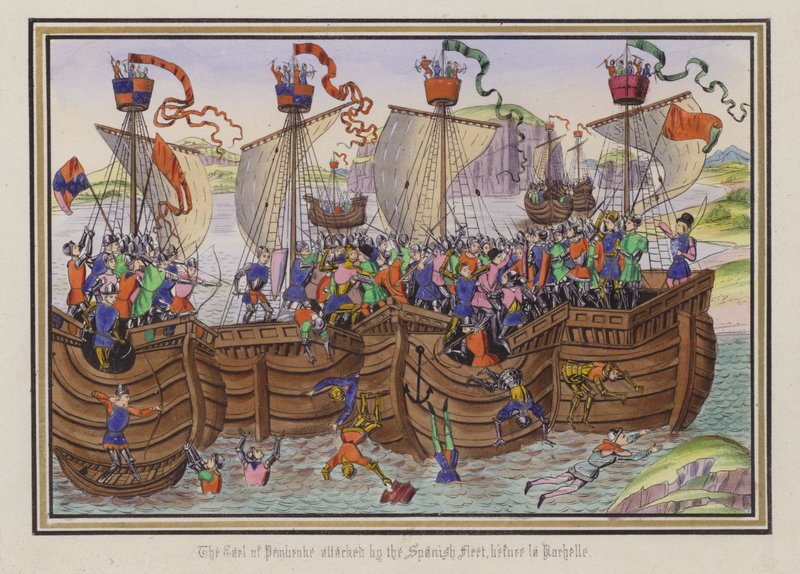 Jarlen af Pembroke angrebet af den spanske flåde før La Rochelle (farvet indgravering) af English School